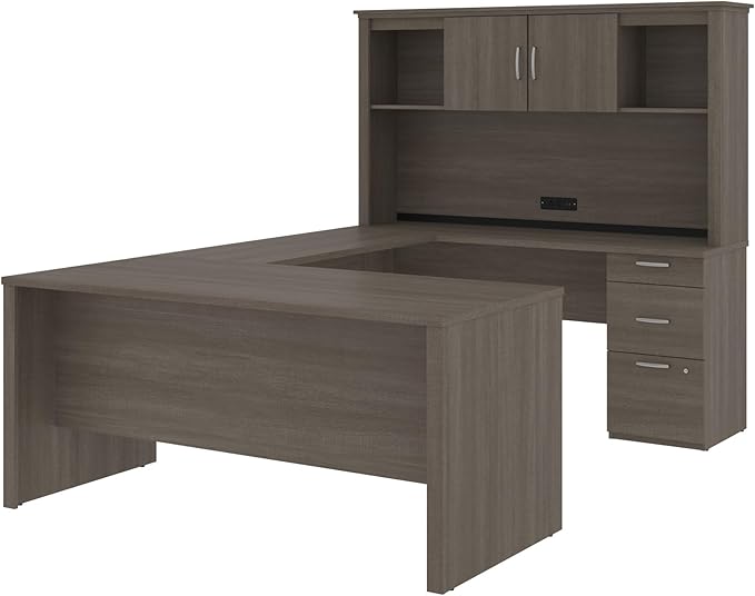 Bestar U or L Shaped Desk with Drawers and Hutch Executive Workstation for Home or Professional Office 66 Inches Logan Collection Bark Grey