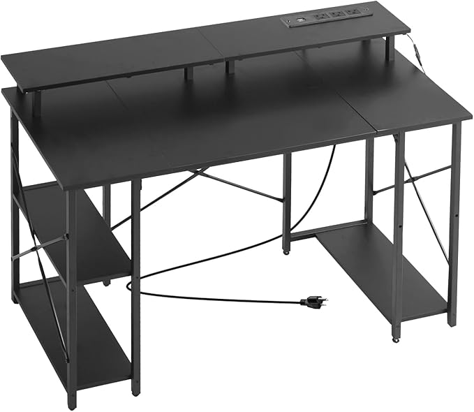VEVOR 47 Gaming Desk with LED Lights &amp Power Outlets Computer Desk with Monitor Stand &amp 2-Tier Storage Sheves Study Work for Home Office Black