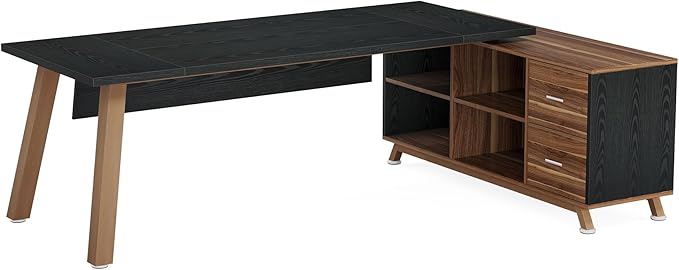 Tribesigns 78.7-Inch Executive Desk L-Shaped Desk with 55-Inch Cabinet Large Office Desk with Storage Shelves Modern Computer Desk for Home Office Black &amp Walnut