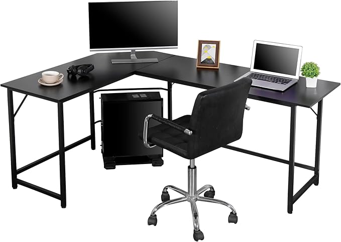 SUPER DEAL 66 L Shaped Gaming Corner Computer Desk with CPU Stand and Foot Rest Bar PC Laptop Study Table Workstation Gaming Desk for Home Office Black