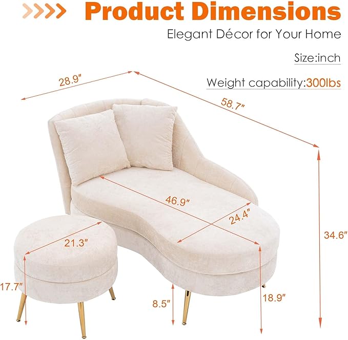 Chaise Lounge Chair Indoor Chenille Upholstered Chair with Left Armrest &amp Pillow Modern Lounge Chairs Sofa with Footstool for Living Room Bedroom Office (Beige)