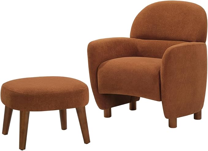 Lazy Chair with Ottoman Modern Boucle Accent Lounge Chair with Footrest Upholstered Leisure Sofa Reading Armchair with Wood Legs for Living Room Bedroom Dorm Garden-Orange