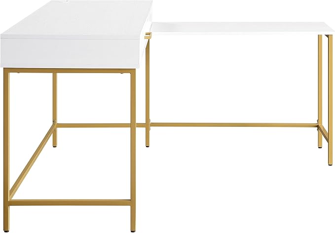 OSP Home Furnishings Modern Life Contemporary L-Shaped Desk with Large Drawer and Built-in Power Charging Port White