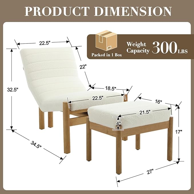 Accent Chair with Ottoman Living Room Chair White Sherpa Upholstered Lounge Chair with Footrest Set Modern Chair Cozy Reclining Chair for Reading Room Bedroom White