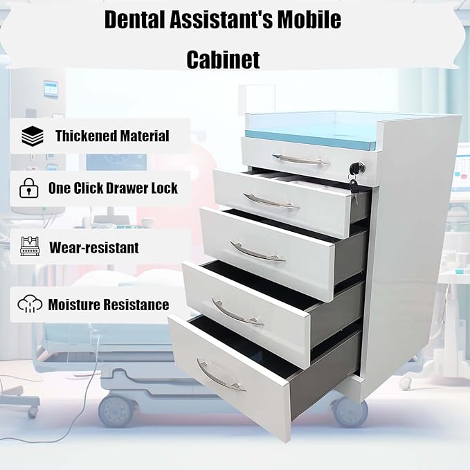 4 Drawers Mobile Office File Storage Cabinet Stainless Steel Dental Medical Assistant Cabinet Utility Cart Stainless Steel Countertop with Lock Storage Tray and Wheels for Office Hospital