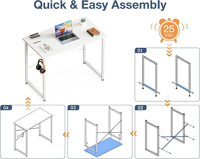 Casaottima 32 Inch Small Computer Desk for Home Office Study Writing Table for Small Spaces Simple Modern Desk with Headphone Hooks Pure White