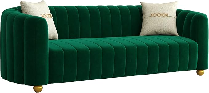 83 Green Velvet Couch Luxry Modern Sofas for Living Room Velvet Sofa 3-Seater Solid Wood Frame with Gold Metal Legs and Two Pillows Emerald Green Couch