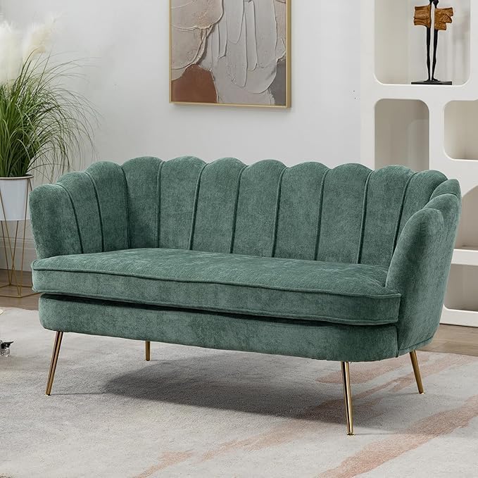 59 Wide Loveseat Sofa Chenille Upholstered Small Couch with Petal-Shaped Design Modern Leisure Sofa with Gold Metal Legs Mini Room Couch for Bedroom Apartment (Green-Chenille)
