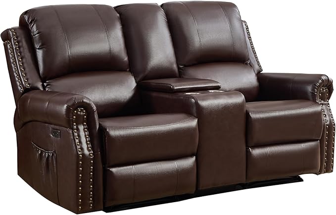 EBELLO Power Reclining Loveseat Faux Leather Double Recliner Sofa with Side Pocket Center Console Hidden Storage &amp Cup Holders Vintage Rivet Mid-Century Modern Design for Living Room Red Brow