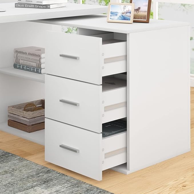 HSH White L Shaped Desk with Drawers Shelves Corner Home Office Desk L Shape with Storage Cabinet Large Wood Computer Desk for PC Executive Work Writing Study Modern Living Room Bedroom Table60 In