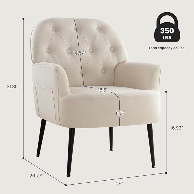 IWMH Accent Chair for Living Room Button Linen Fabric Armchair Single Sofa Chair with Arms Metal Legs Side Corner Chair for Bedroom Reading (Beige)