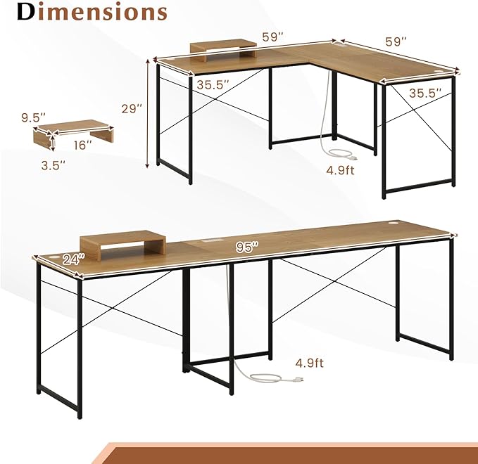 Giantex L Shaped Computer Desk 59 Inch Reversible Corner Desk with Power Outlet and USB Ports &amp Monitor Stand Wooden Writing Desk Gaming Table for Home Office Room Small Space (Natural)
