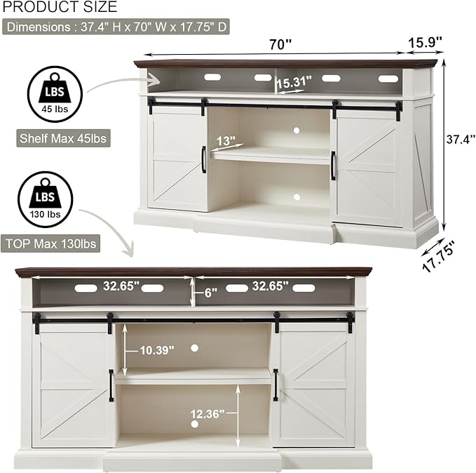 Farmhouse TV Stand for 80 Inch TVs 37.4Tall Entertainment Center w/Storage Cabinets and Sliding Barn Door Media Console Cabinet w/Soundbar &amp Adjustable Shelves for Living Room 70 inch (White)