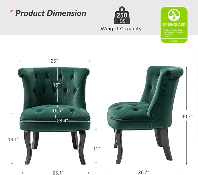 HULALA Home Velvet Accent Chair Modern Upholstered Fabric Armless Wingback Chair with Solid Wood Legs Comfy Tufted Vanity Club Chair for Reading Living Room Bedroom Guest Room Pine Green