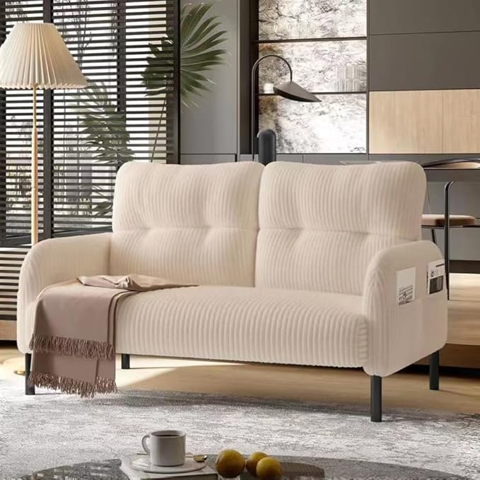 Corduroy Loveseat for Living Room &amp Bedroom - Modern 2-Seater Sofa with Storage PocketsSolid Wood Frame High-Density FoamComfortable Compact Couch for Small Spaces500 lb Capacity (Beige)