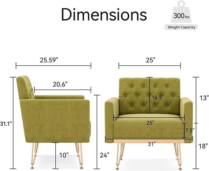 Olela Velvet Accent Chair with Arm for Living RoomModern Armchair Single Sofa Cozy Tufted Upholstered Reading Side Chairs with Gold Metal Leg for Bedroom Decorate(1 Sage Green)