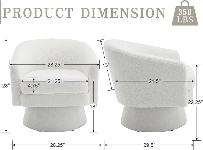 Boucle Swivel Accent Chairs Set of 2 White Barrel Arm Chair Round Cozy Upholstered Modern Sherpa Fabric Single Sofa Chair for Living Room/Bedroom/Reading
