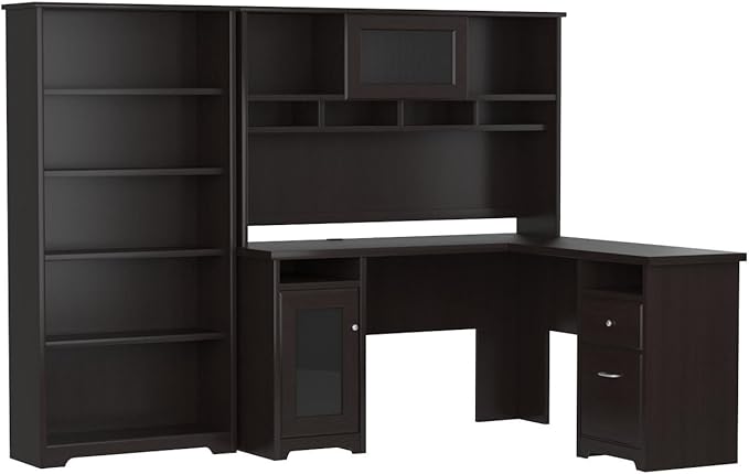 Bush Home Cabot 60W L Shaped Computer Desk with Hutch and 5 Shelf Bookcase in Espresso Oak