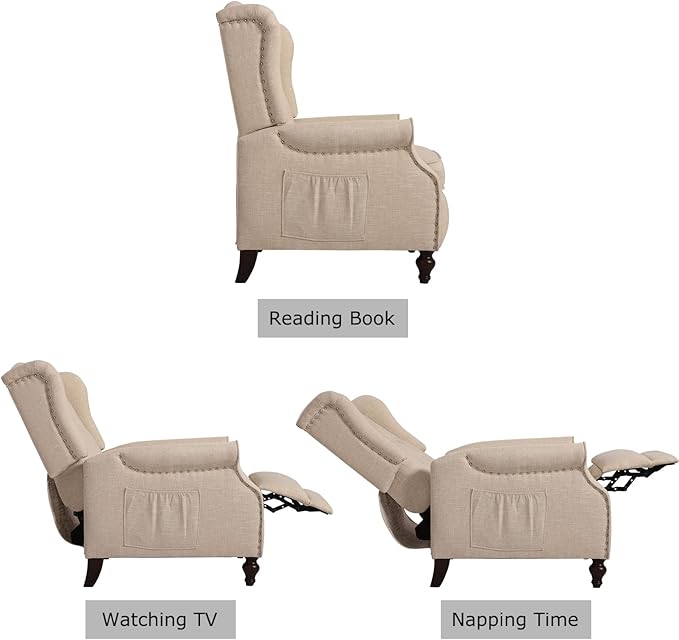 Recliner Wingback Chair - Tufted Armchair - Massage Recliner Chair with Heat - Fabric Push Back Recliner with Remote Control Heating Function Adjustable Backrest (Beige)