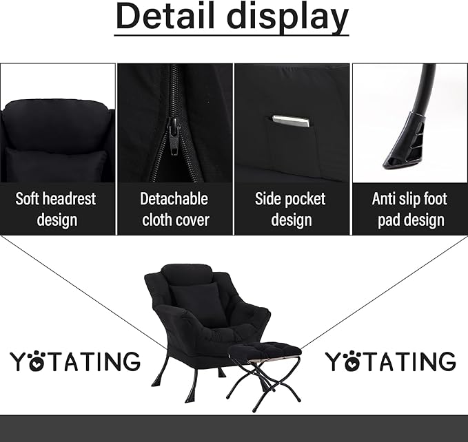Lazy Chair with Ottoman Comfy Reading Chair with Footstool &amp Pillow Modern Lounge Chair with Armrests &amp Side Pocket for Living Room Bedroom Dorm RoomBlack