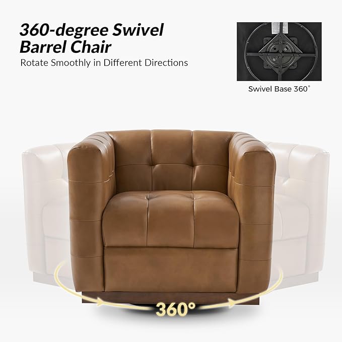 HULALA HOME Genuine Leather Swivel Accent Chair with Wooden Base Mid Century Modern Square Accent Chair for Living Room Bedroom Club Camel
