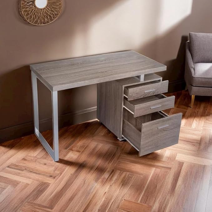Stylish 3-Drawer Office Desk in Weathered Grey for Efficient Workspace Ideal for Modern Home and Office Settings