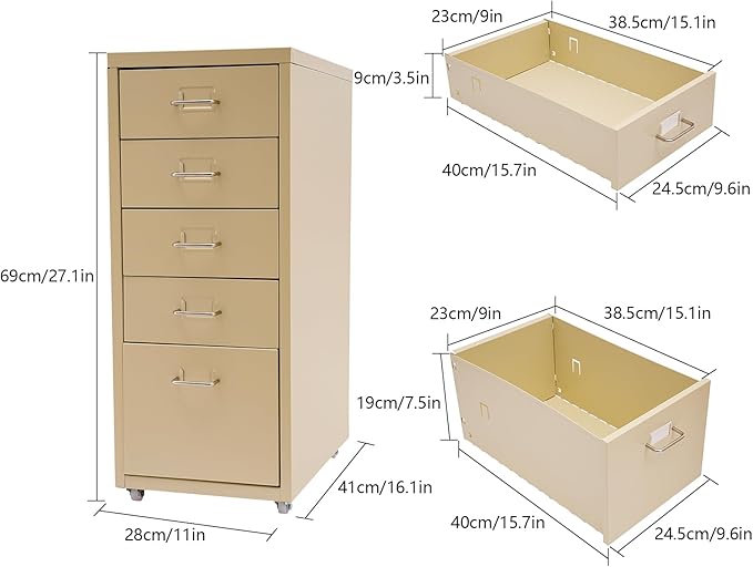 5-Drawer Storage Cabinet with Wheels Metal File Storage Organizer with 4 Small &amp 1 Large Drawers Mobile Vertical Filing Cabinet for Home Office Craft Room Bedroom 11x16.1x27.1in (Beige)