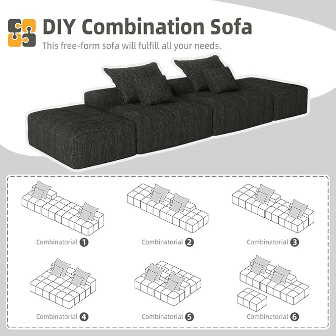 141'' Cloud Couch Modular Sectional Sofa with 2 Ottoman Oversized Loveseat Compression Boneless Sofa with Deep Seat Chenille Chaise Longue Minimalist Couches for Living Room Black