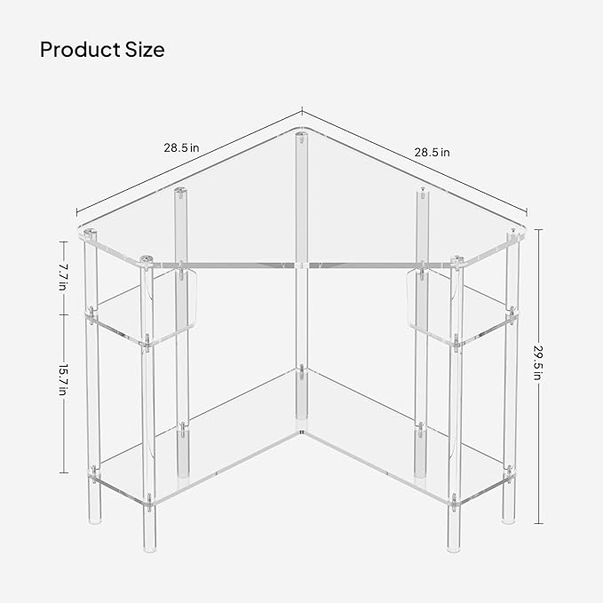 Eglaf Acrylic Triangle Corner Desk - 90-Degrees 28.5 x 28.5 inches Home Office Desk with Storage for Small Space Easy Assembly