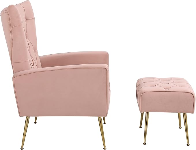 Velvet Accent Chair with Ottoman Modern Lounge Chair with Wing Backrest &amp Metal Legs Upholstered Single Leisure Sofa Chair Reading Chair for Living Room Bed Room Office (Pink)