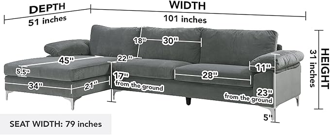 Casa Andrea Milano Modern Large Velvet L-Shape Sectional Sofa with Extra Wide Chaise Lounge Couch