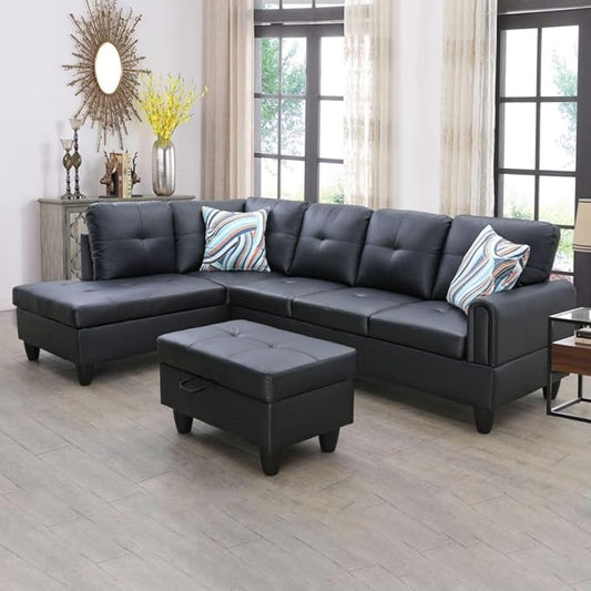 Black White L-Shaped 3-Piece Faux Leather Sofa with Storage Ottoman Set Sectional Couch Sofa Set for Living Room Office Small Space