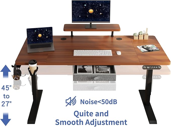 Electric Standing Desk with Drawer 63x30 Inches Height Adjustable Sit Stand Up Desk with Storage Shelf Home Office Desk Computer Workstation with Walnut Top/Black Frame