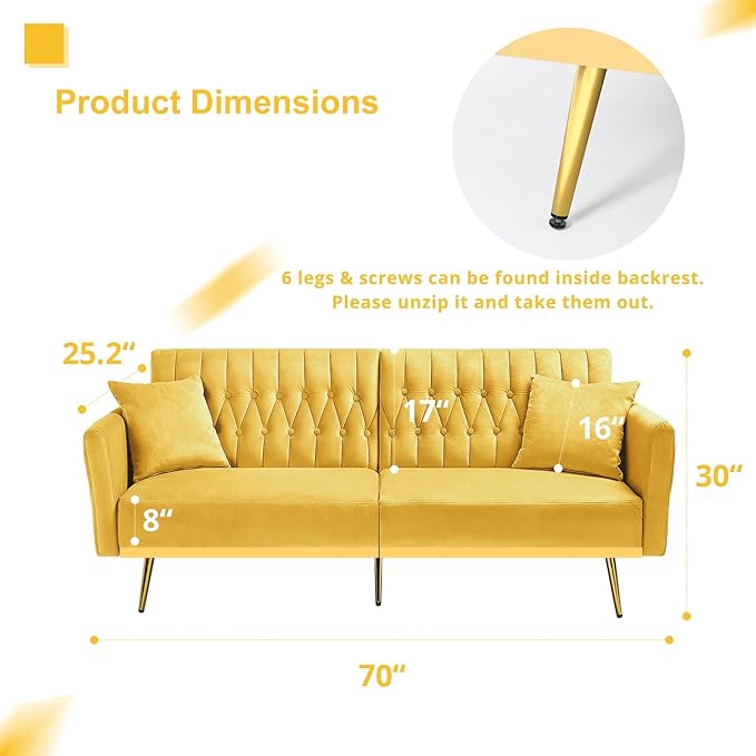 2 Pieces Velvet Sofa Set with Adjustable Armrest and Backrest 70” Convertible Futon Sofa Bed &amp Mordern Accent Chair with Ottoman for Living Room Bedroom Yellow