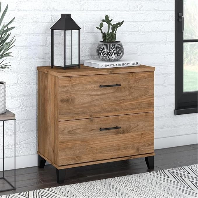 Pemberly Row 2 Drawer Lateral File Cabinet 30W x 17D x 29H Engineered Wood Fresh Walnut Finish Full-Extension Ball Bearing Slides Transitional Tapered Leg Design Home Office Document Storage