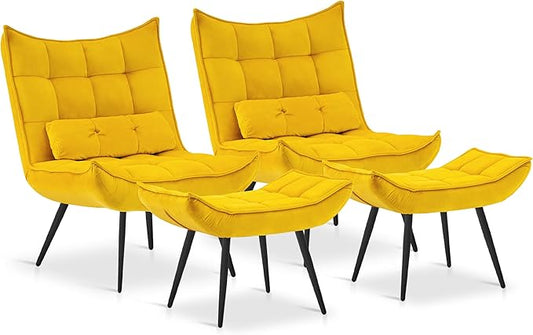 MCombo Accent Chair with Ottoman Modern Velvet Wingback Lounge Chair Upholstered Club Chair for Small Space Living Room &amp Bedroom 4079 (2 Yellow)