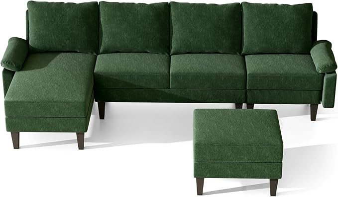 Sectional Couches for Living Room Furniture Sets 4 Seat Modular Sectional Sofas for Living Room Set with Removable Ottoman L Shaped Couch Set with 2 Armrest for Apartment Green
