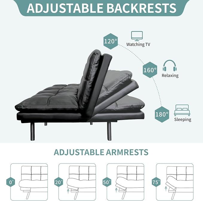 MUUEGM 71 Futon Sofa Bed with Memory FoamFuton Couch with Adjust Backrest and Armrest Couches Bed for Living RoomStudios Apartments Dormitories Offices and Game Room.Matt Black Leather Sofa Bed