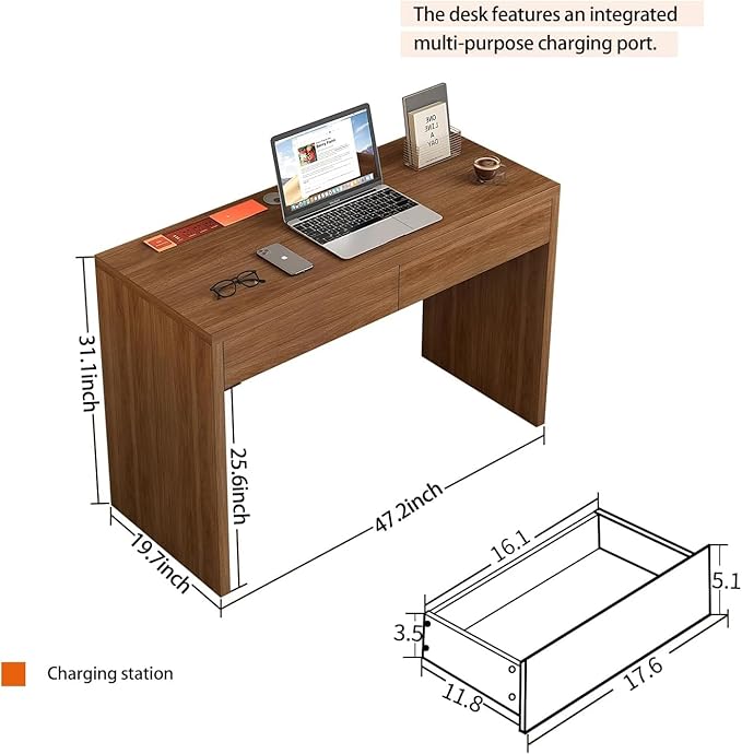 Executive Desk with Drawers Computer Desk with Drawers with Pre-Embedded Slots 47 inch Modern Walnut Home Office Desk with Charging Station for Study Living Room Bedroom