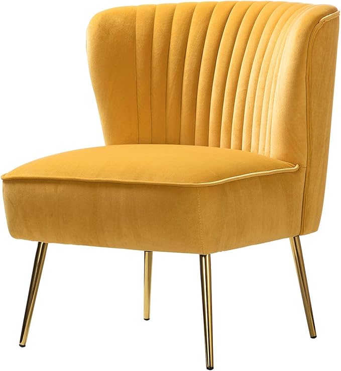 HULALA HOME Velvet Accent Chair Modern Upholstered Cute Side Chair with Gold Metal Legs Armless Wingback Slipper Chair Comfy Living Room Chair for Bedroom Guest Room VanityMustard