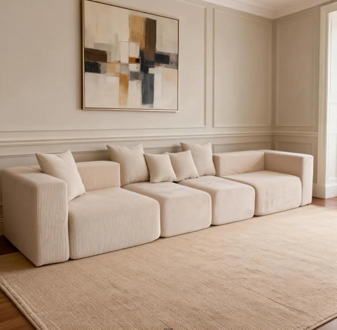 117” Boneless Cloud CouchSectional Modern 4 Seater L-Shaped Sleeper Sofa CouchesNo Assembly Modular Corduroy Convertible Sponge Compression Sofas with Chaise and Ottoman for Living Room(Beige)