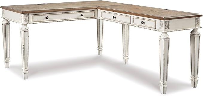 Signature Design by Ashley Realyn Cottage L-Shaped Distressed 2-Piece Home Office Desk with Power Supply and USB Ports White &amp Light Brown