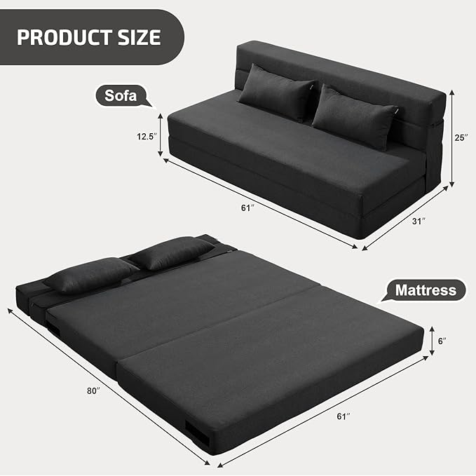 Folding Sofa Bed with Pillows- Convertible Chair Floor Couch &amp Sleeping Mattress Foldable Memory Foam Sleeper for Living Room/Dorm/Guest Room/Home Office/Apartment/Loft Queen Dark Gray