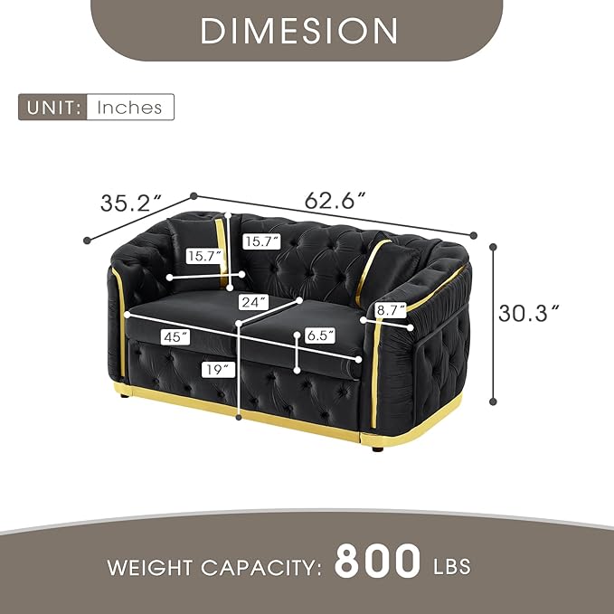 62.6 Mid Century Modern Loveseat Chesterfield Sofa Couch Black and Gold Couch Velvet Button Tufted Luxury Couches for Living Room with Golden Decor &amp 2 Pillows Black | StainlessSteel Decor Ele