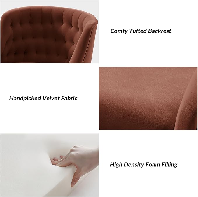 TINA'S HOME Velvet Home Office Chair with Gold Base Comfortable Modern Cute Desk Chair Adjustable Swivel Task Chair for Living Room Bedroom Vanity Study Burn-Brick