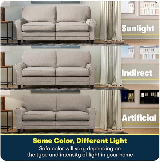 BOWERY HILL 61 Rolled Arm Loveseat Sofa Light Gray Upholstered Anti-Pilling Polyester Fabric Removable Covers Compact Modern Design Solid Wood Frame Living Room Two-Seater Couch