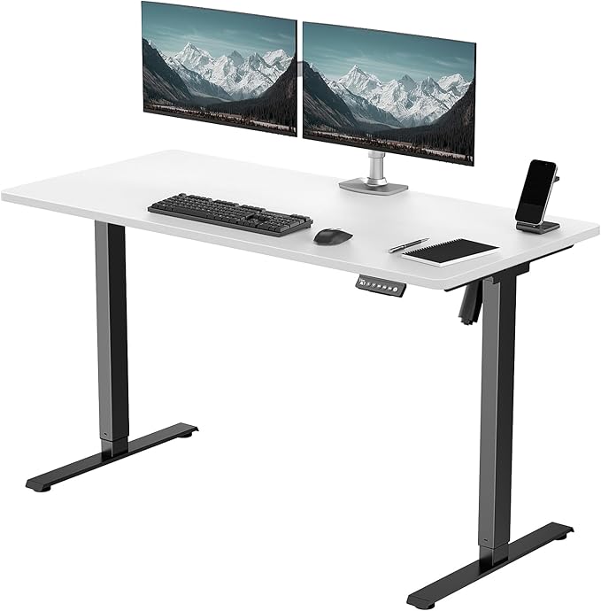 48 x 24 in One-Piece Electric Standing Desk Adjustable Height Sit to Stand Up Desk for Home Office Work &amp Study Black Frame &amp White Desktop (2 Packages)