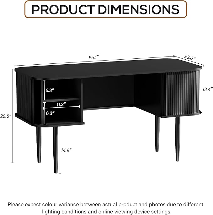 55 Modern Writing Desk with Sliding Doors Wood Home Office Desk with Storage Computer Desk for Study Living Room Dorm Black