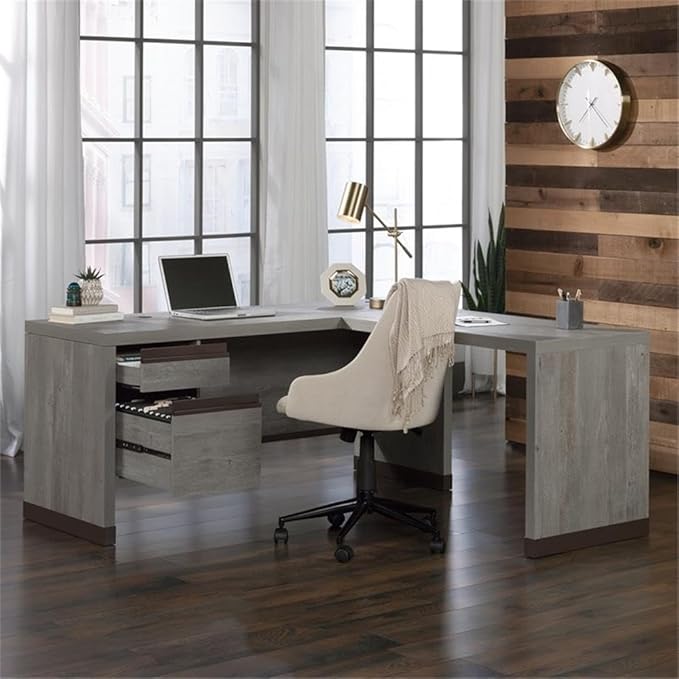 Pemberly Row Modern L-Shaped Engineered Wood Desk Mystic Oak Finish Metal Accents Lockable File Drawer Spacious Home Office Workspace Safety Certified for Durability and Performance