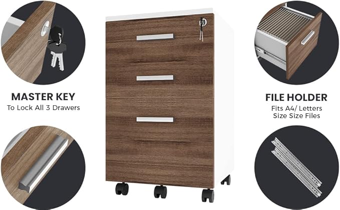 Modern Design Lazio File Cabinet Filing Cabinets for Home Office Drawers for Under Desk Locking 3 Drawer Rolling Filing Cabinet with Lock Walnut and White by Crafts and Comfort